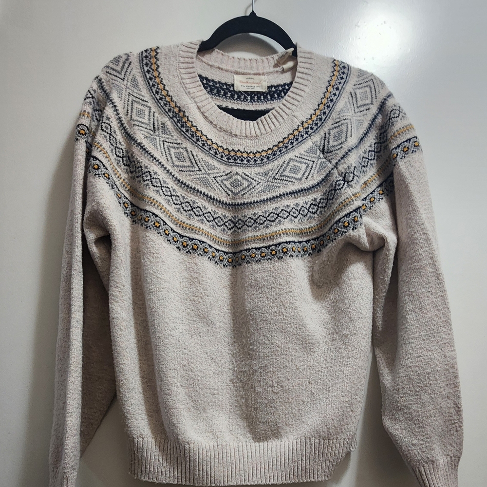 Weatherproof Cream Fair Isle Crewneck Sweater with Navy & Mustard Accents